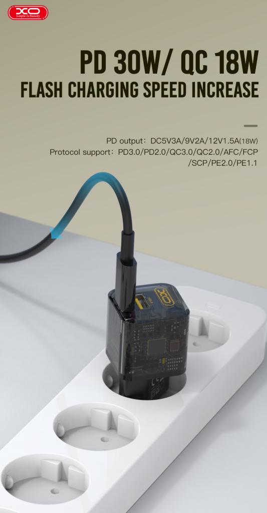 Netwerkoplader XO Design CE05, 30W, 3A, 1 x USB-A - 1 x USB-C, Bruin