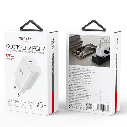 Netwerkoplader Yesido YC01E, 20W, 3A, 1 x USB-C, Wit
