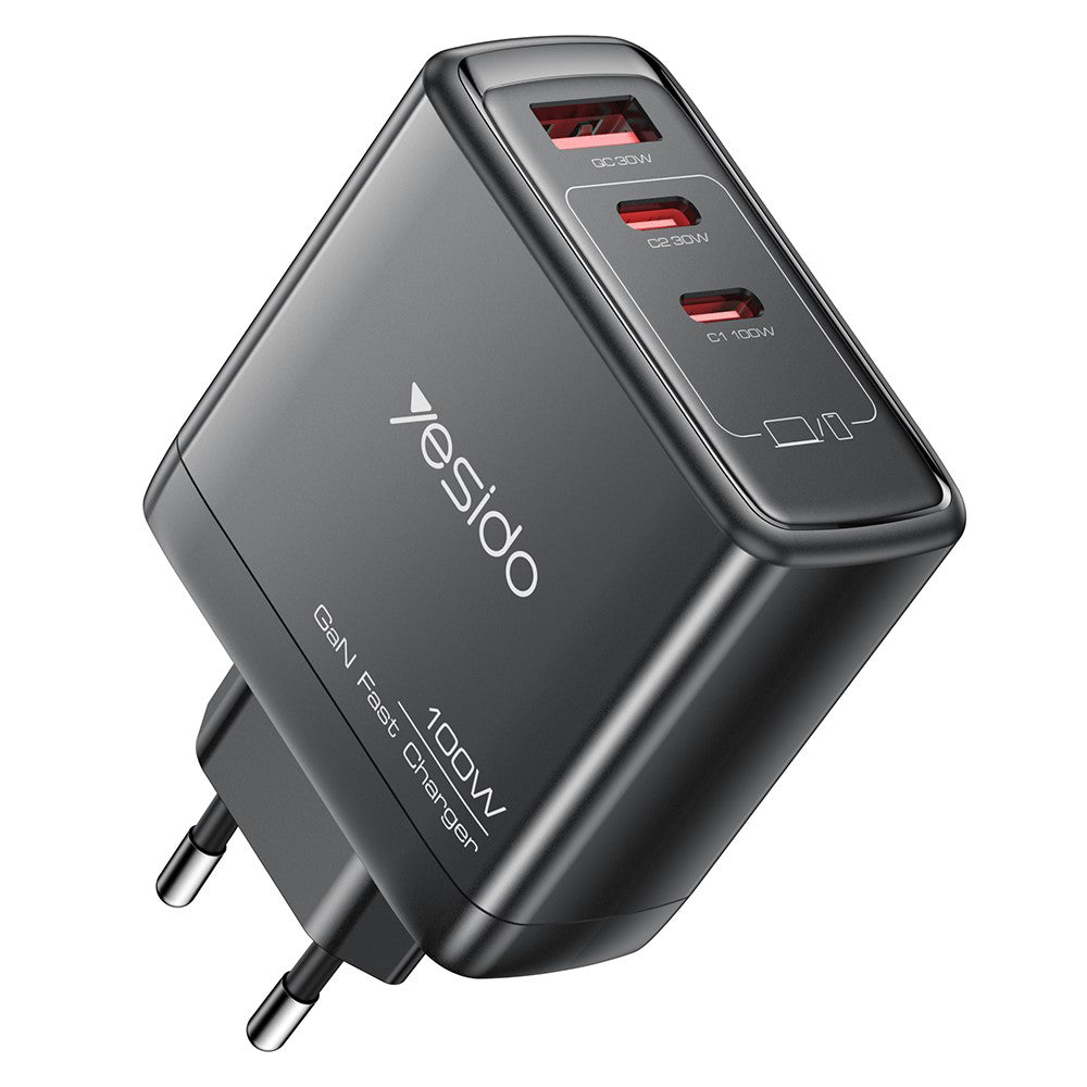 Netwerkoplader Yesido YC142, 100W, 5A, 1 x USB-A - 2 x USB-C, Zwart