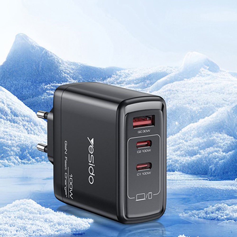 Netwerkoplader Yesido YC142, 100W, 5A, 1 x USB-A - 2 x USB-C, Zwart