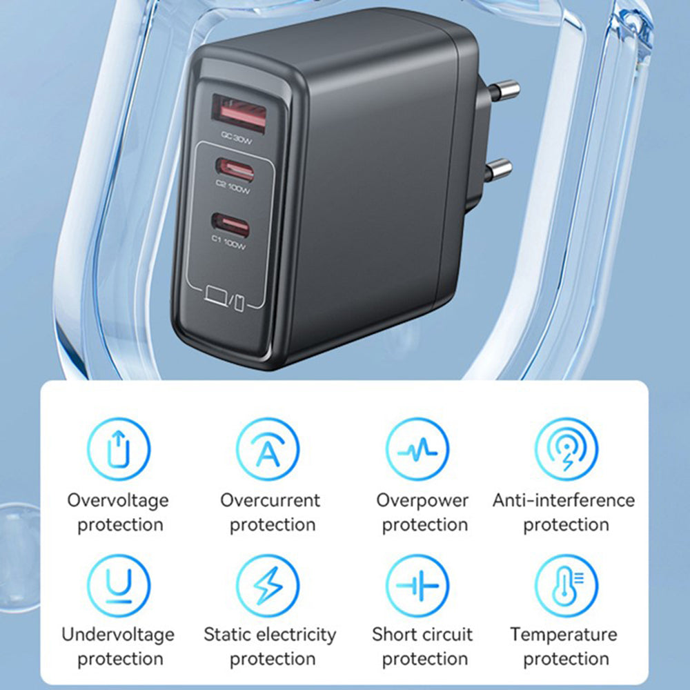 Netwerkoplader Yesido YC142, 100W, 5A, 1 x USB-A - 2 x USB-C, Zwart