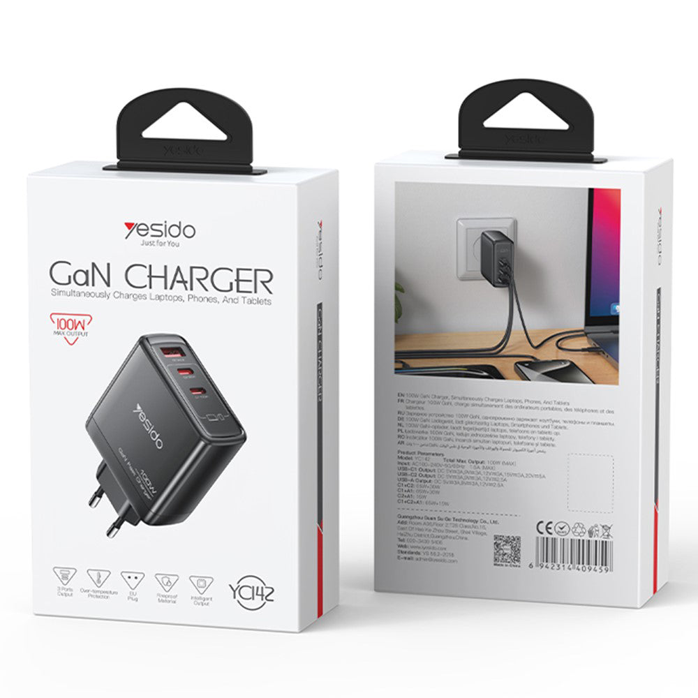 Netwerkoplader Yesido YC142, 100W, 5A, 1 x USB-A - 2 x USB-C, Zwart