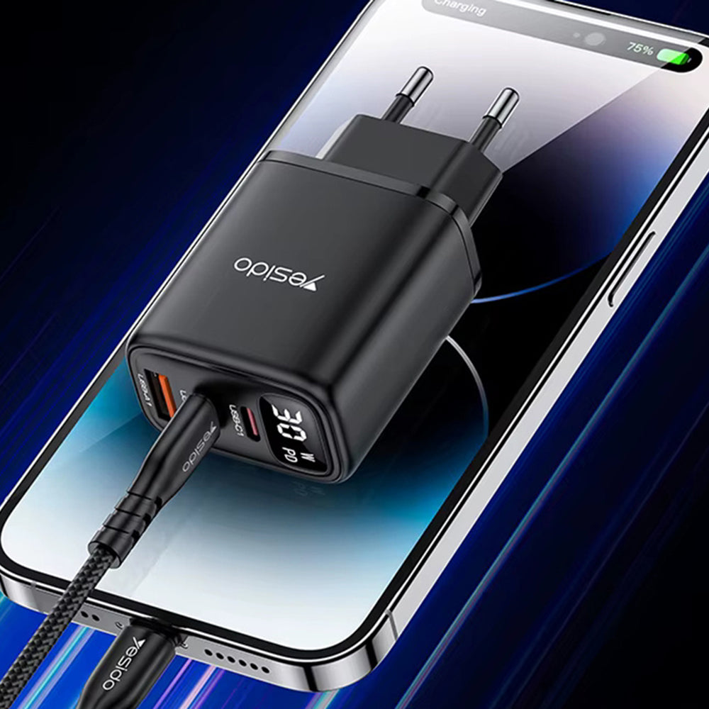 Netwerkoplader Yesido YC69 Display, 30W, 3A, 1 x USB-A - 2 x USB-C, Zwart