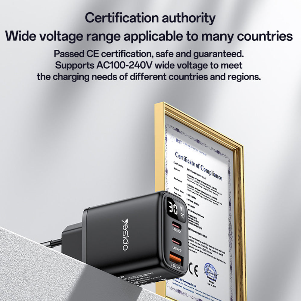 Netwerkoplader Yesido YC69 Display, 30W, 3A, 1 x USB-A - 2 x USB-C, Zwart