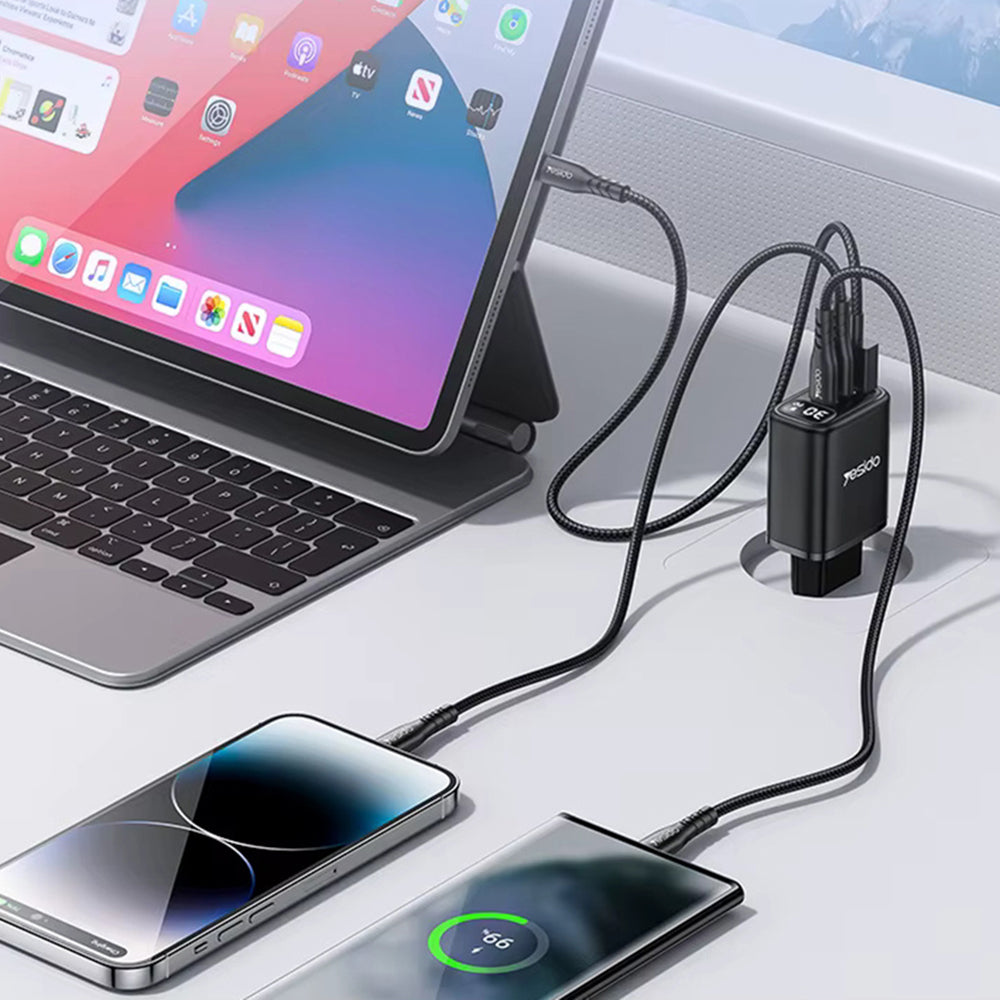 Netwerkoplader Yesido YC69 Display, 30W, 3A, 1 x USB-A - 2 x USB-C, Zwart