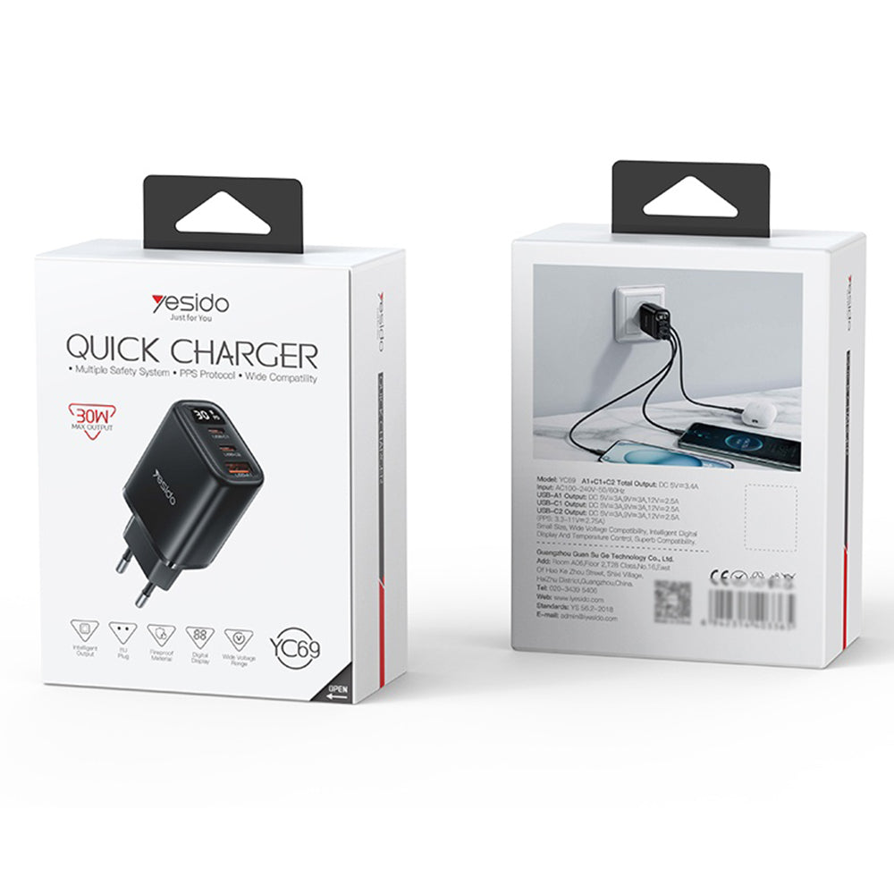 Netwerkoplader Yesido YC69 Display, 30W, 3A, 1 x USB-A - 2 x USB-C, Zwart