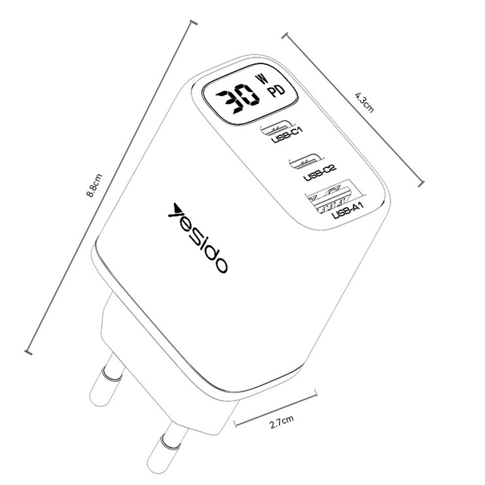 Netwerkoplader Yesido YC69 Display, 30W, 3A, 1 x USB-A - 2 x USB-C, Zwart