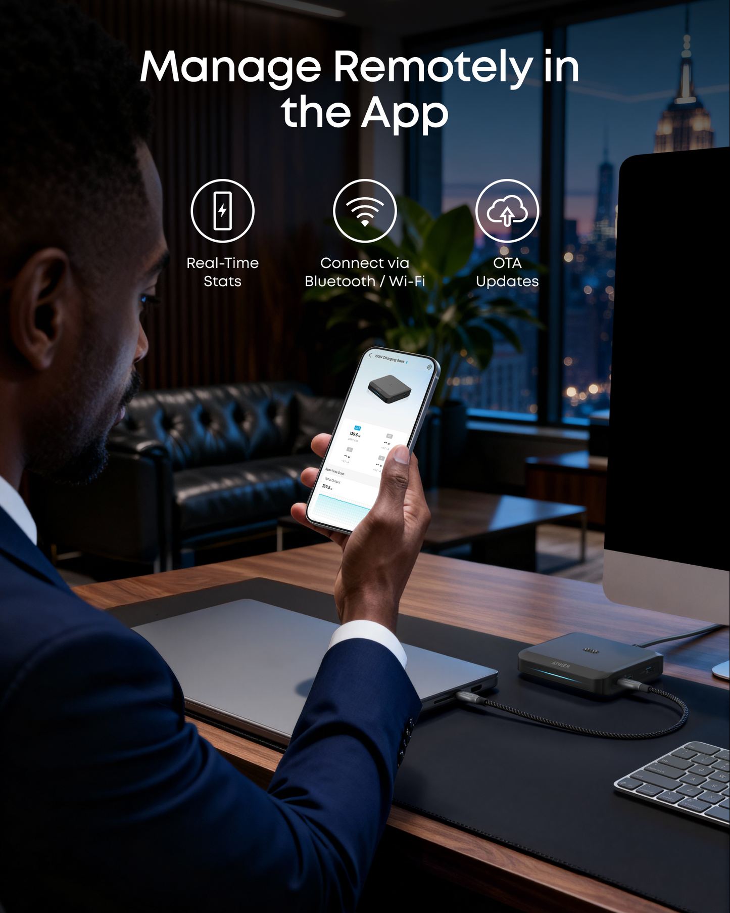 Anker Charging Dock for Prime External Battery, 150W, 5A, 1 x Pogo Pin - 1 x USB-A - 2 x USB-C, Black A1903G11