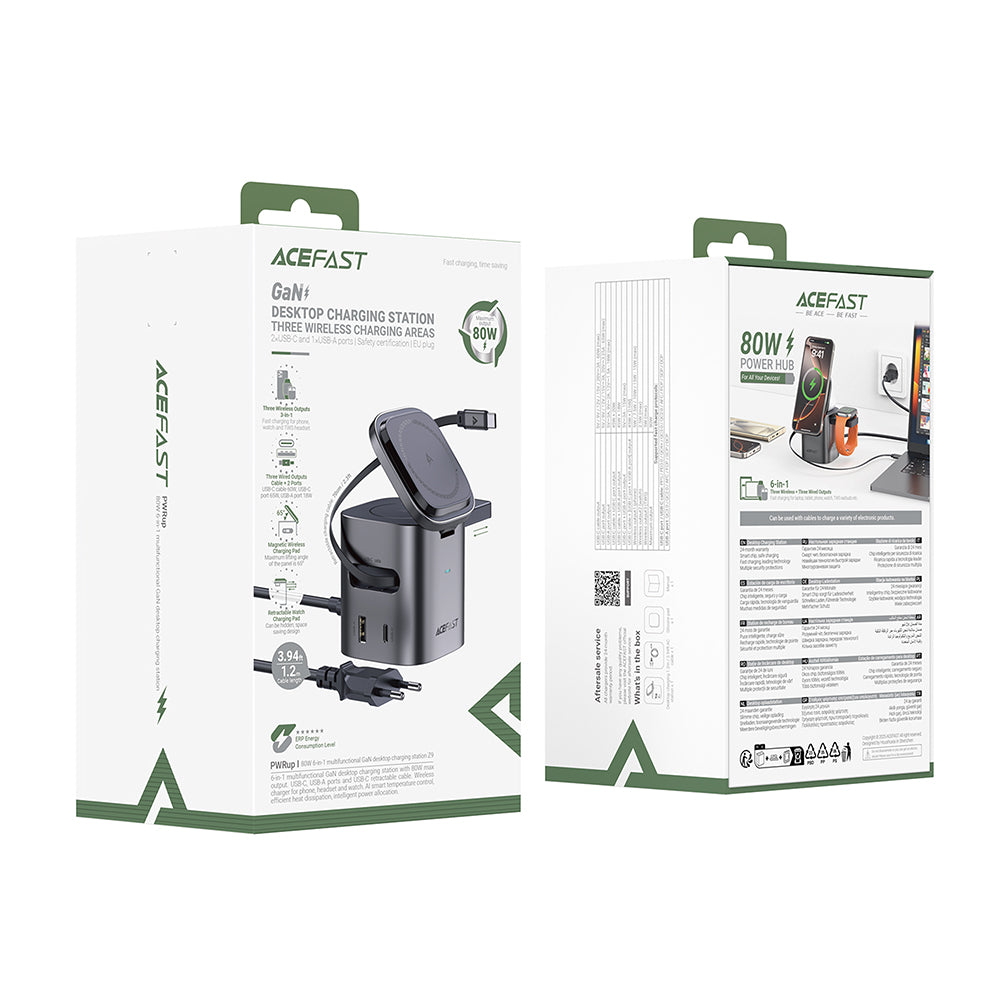 Acefast Z9 QI 6in1 USB-C Cable Charging Station, 80W, 1 x USB-C - 1 x USB-A, Black