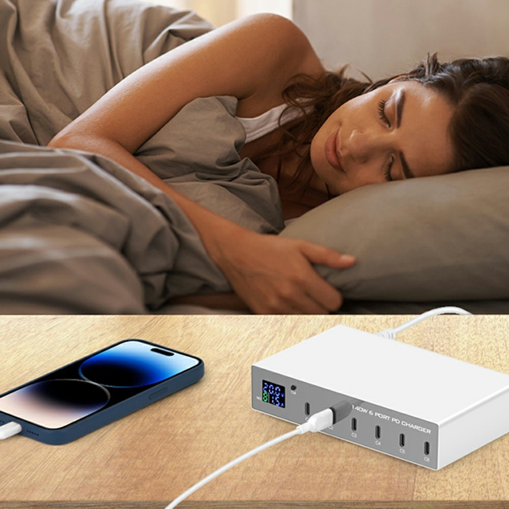 OEM Stationlader WLX-X6P, 140W, 3A, 6 x USB-C, Zilver