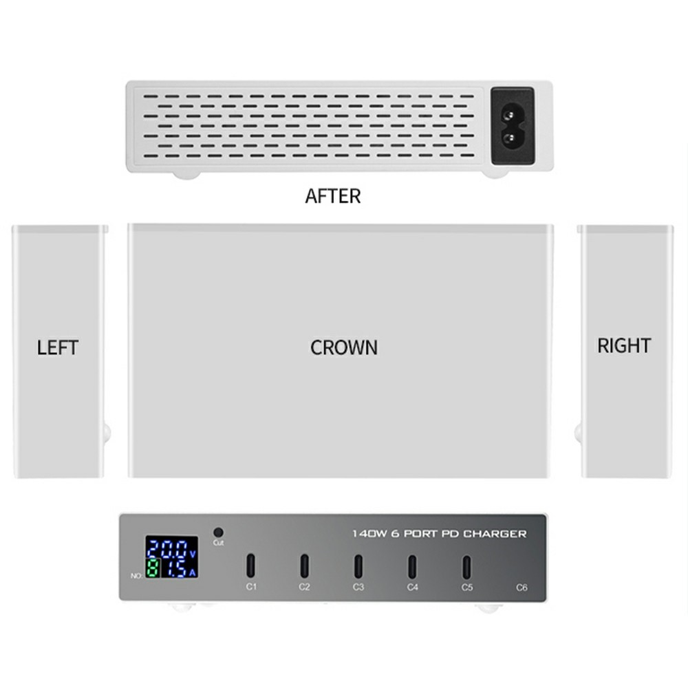 OEM Stationlader WLX-X6P, 140W, 3A, 6 x USB-C, Zilver