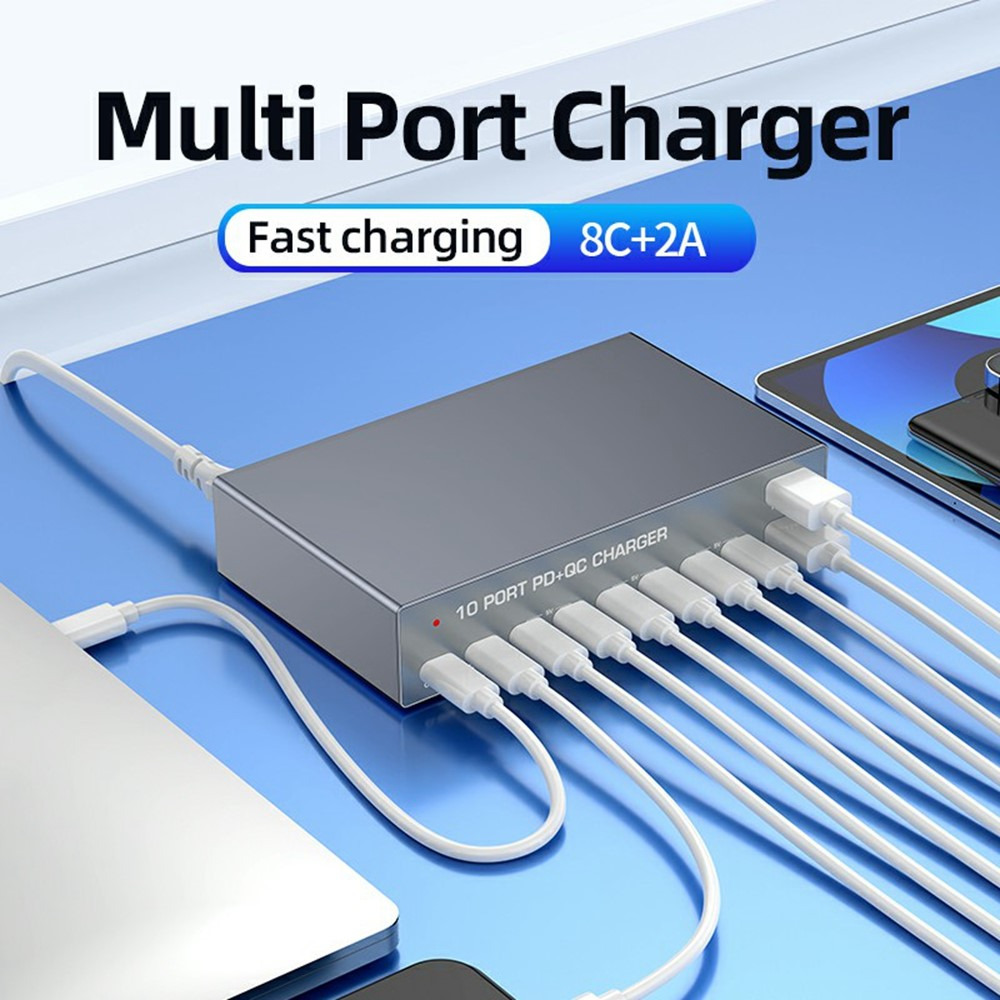 OEM Stationlader WLX-X6Y, 140W, 5A, 2 x USB-A - 8 x USB-C, Zilver