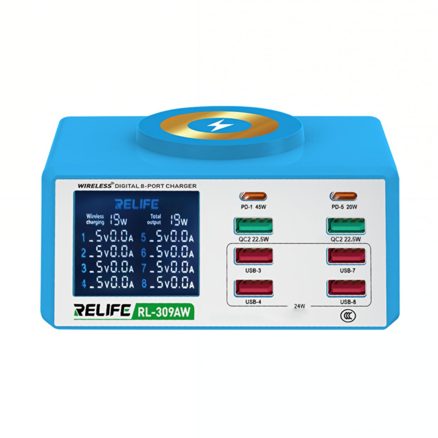 Relife RL-309AW Charging Station, 100W, 5A, 2 x USB-C - 6 x USB-A, Blue