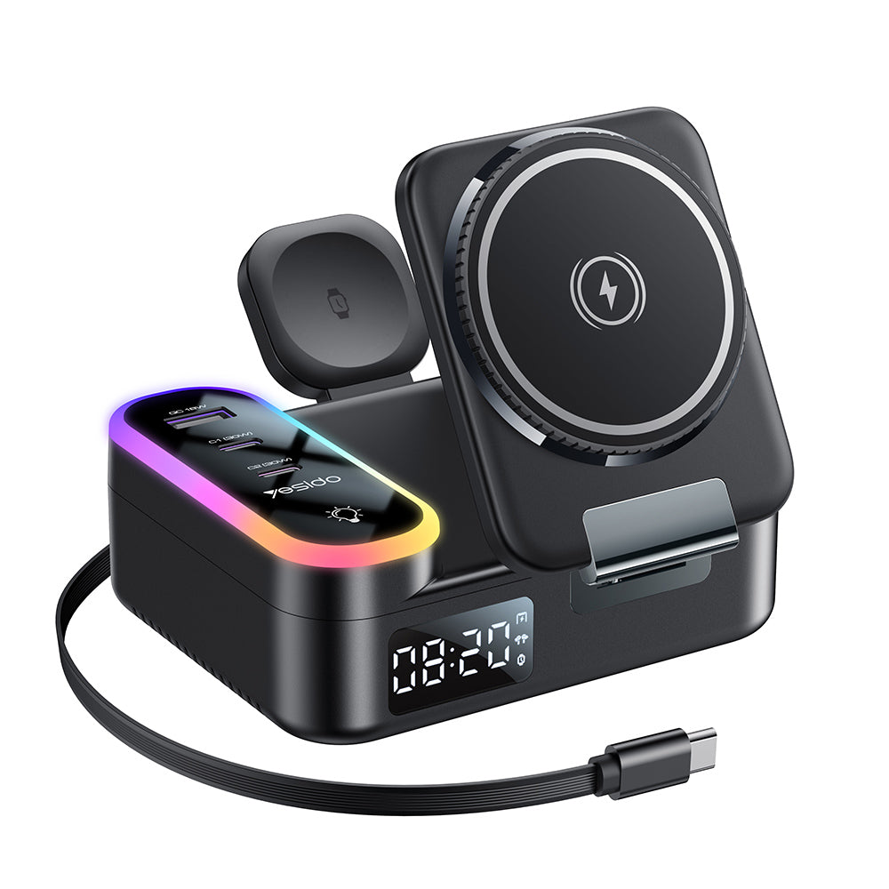 Oplader Station Yesido DS38 Display QI 3in1, 65W, 3A, 1 x USB-A - 2 x USB-C, Zwart