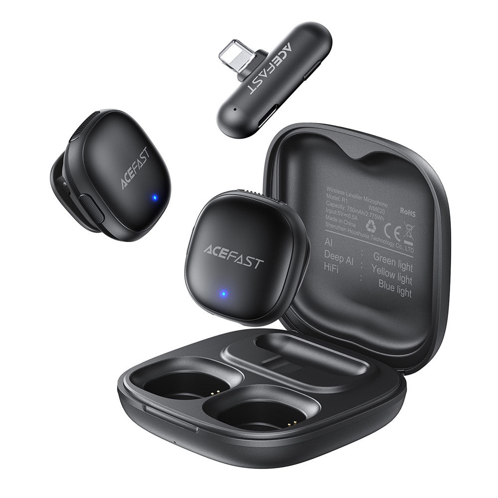 Lavaliermicrofoon Acefast R1, Lightning, Set van 2 stuks, Zwart