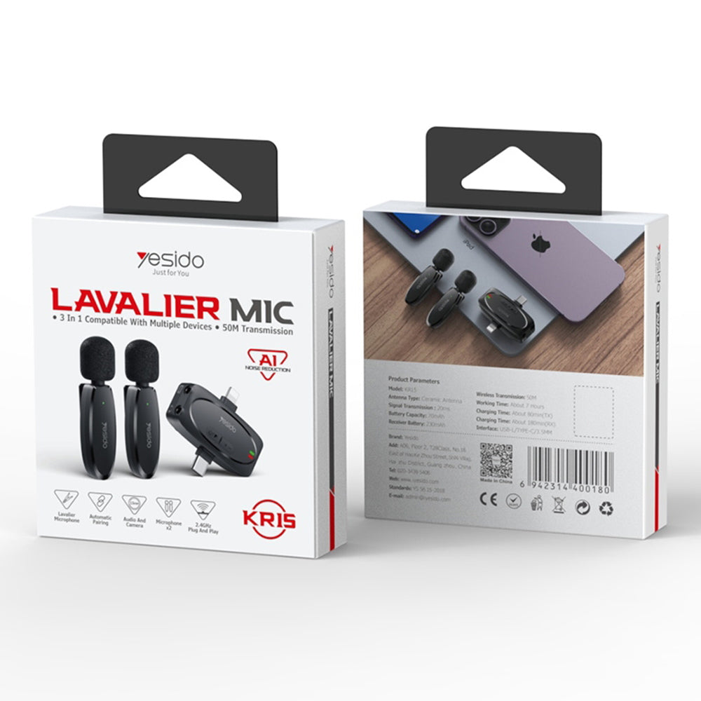 Yesido KR15 dasspeldmicrofoon, USB-C / Lightning, Set van 2 stuks, Zwart