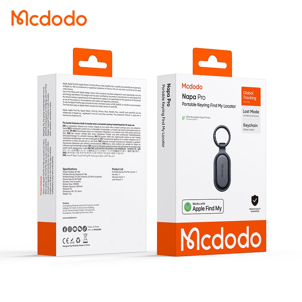 Mcdodo SmartTag Sleutelhanger Napa Pro AT-3840 voor iOS Series, Zwart