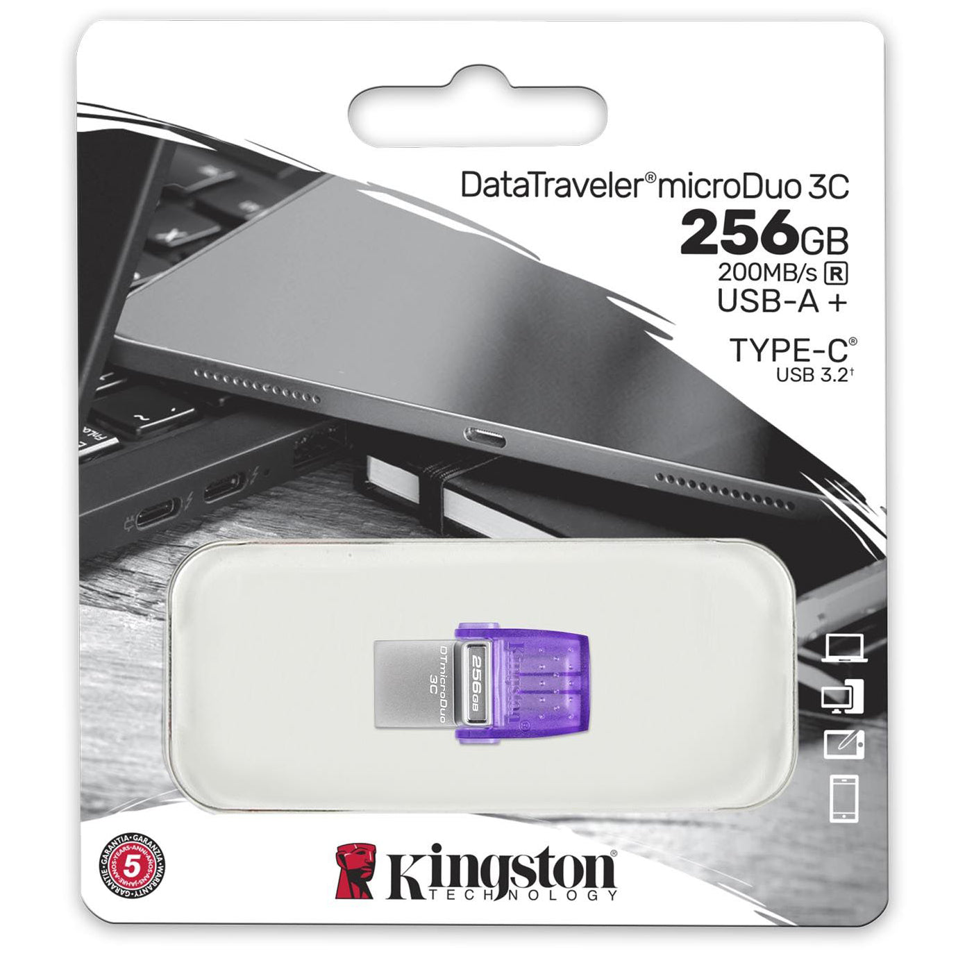 Externe USB-A - USB-C Kingston microDuo 3C Geheugen, 256Gb DTDUO3CG3/256GB