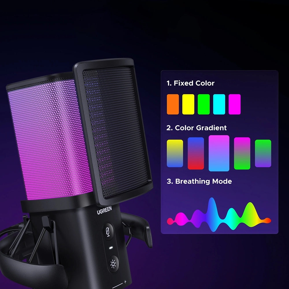 Cardioïde Microfoon UGREEN CM581 (65629), RGB, USB-C, 1.5m, Zwart
