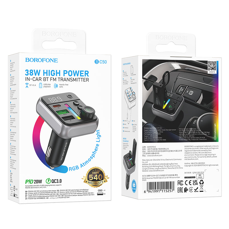 FM Bluetooth Modulator Borofone BC50 Ascenso, 2 x USB-A - 1 x USB-C
