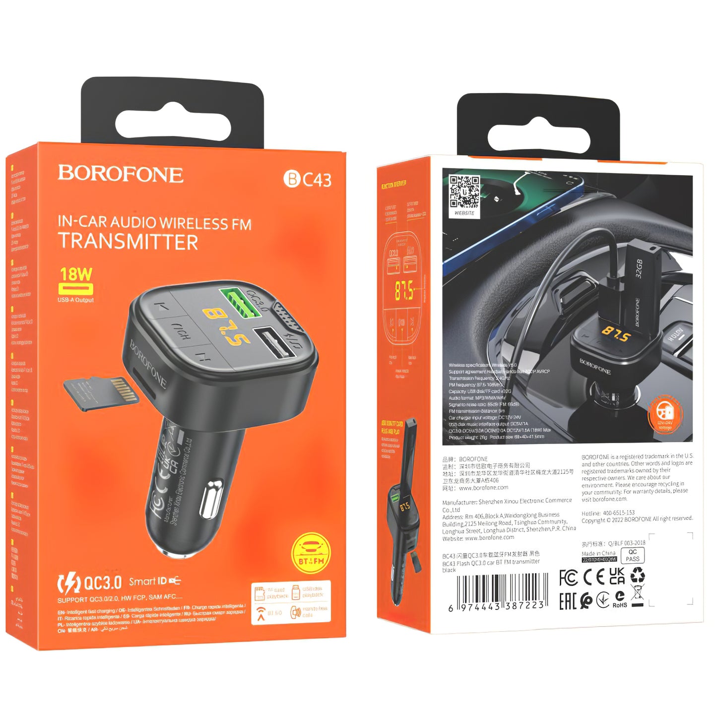 FM Bluetooth Modulator Borofone BC43 Flash, 2 x USB-A - 1 x microSD