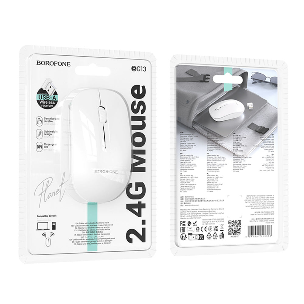Draadloze Muis Borofone BG14 Planet, 1000DPI, BT / Wi-Fi, Wit