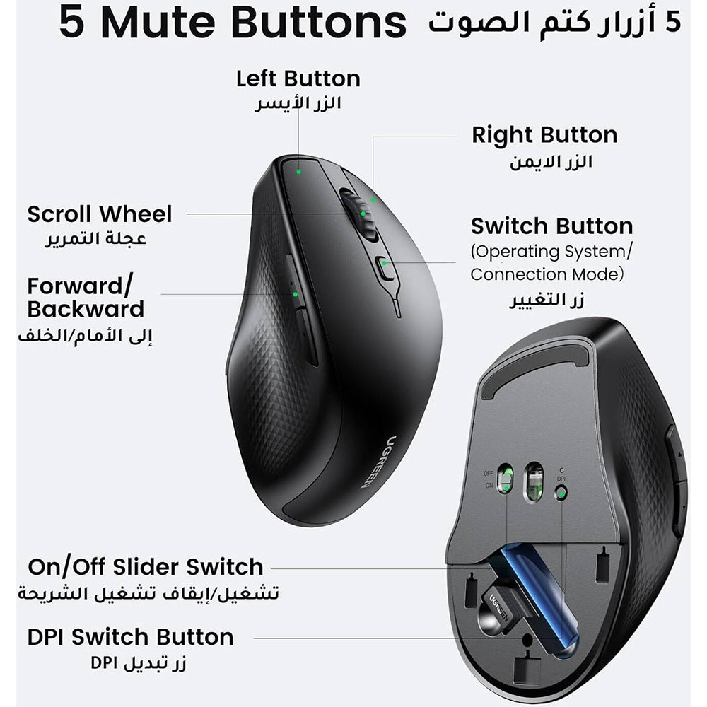 Draadloze Muis UGREEN MU101, 4000DPI, BT / Wi-Fi, Zwart