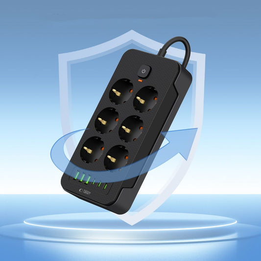 Netwerklader Tech-Protect PC6X6, 3 x USB-A - 3 x USB-C - 6 x Schuko, Zwart