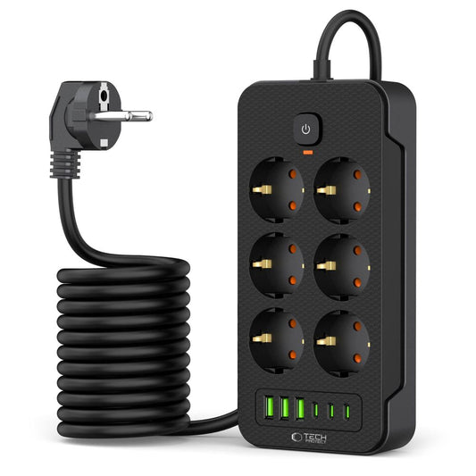 Netwerklader Tech-Protect PC6X6, 3 x USB-A - 3 x USB-C - 6 x Schuko, Zwart