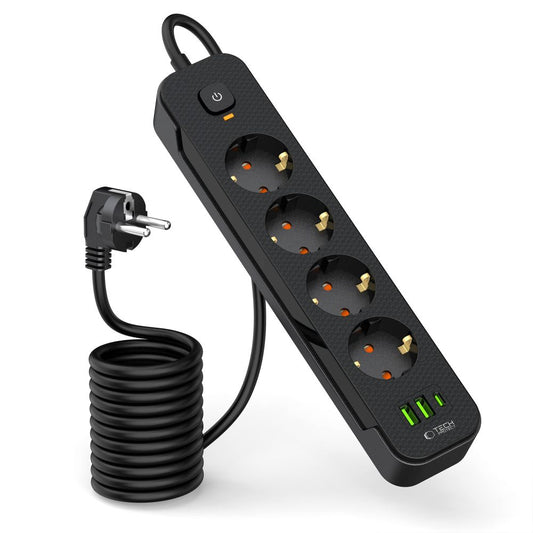 Netwerklader Tech-Protect PCL4X3, 2 x USB-A - 1 x USB-C - 4 x Schuko, Zwart