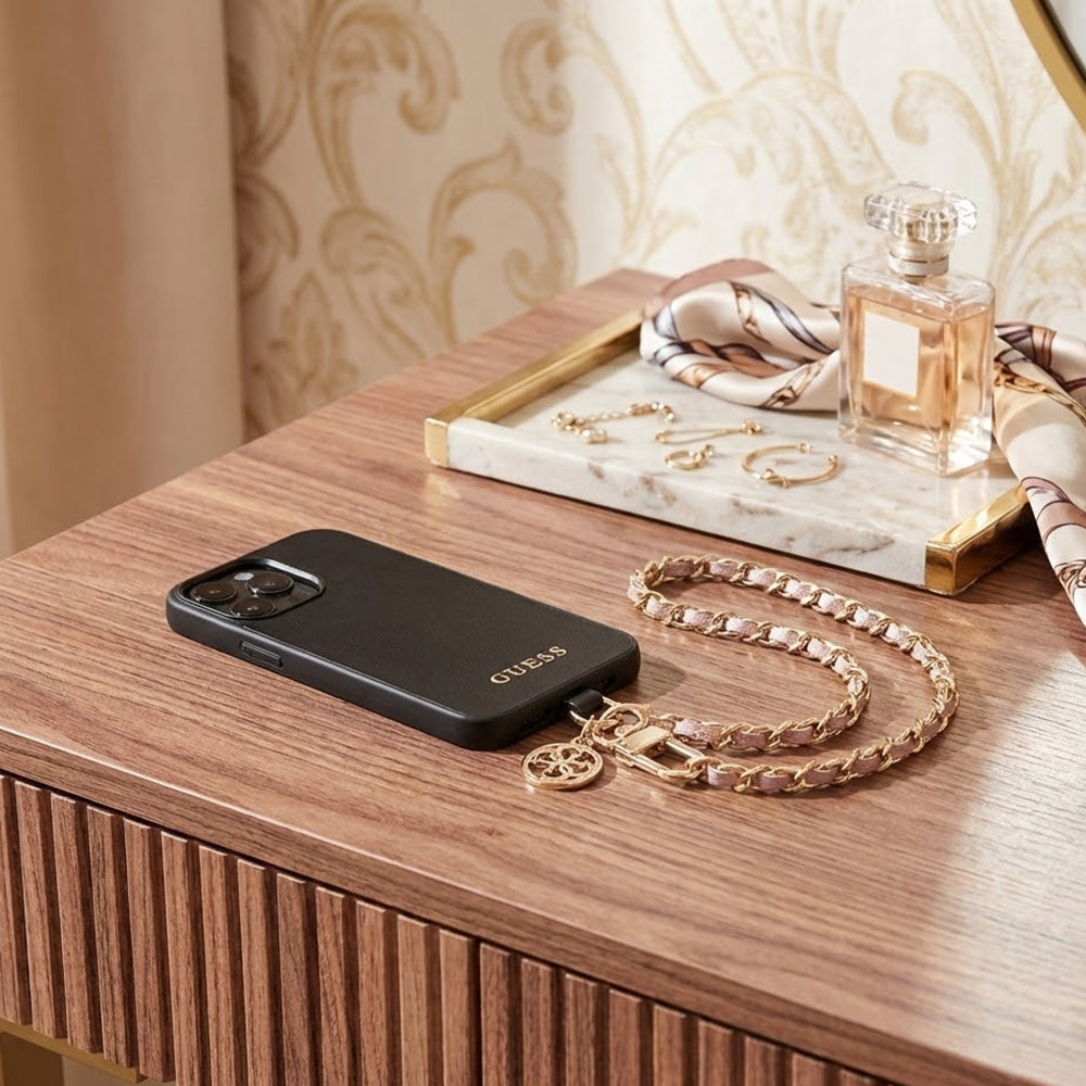 Guess Saffiano 4G Charm Telefoonkoord, Zwart