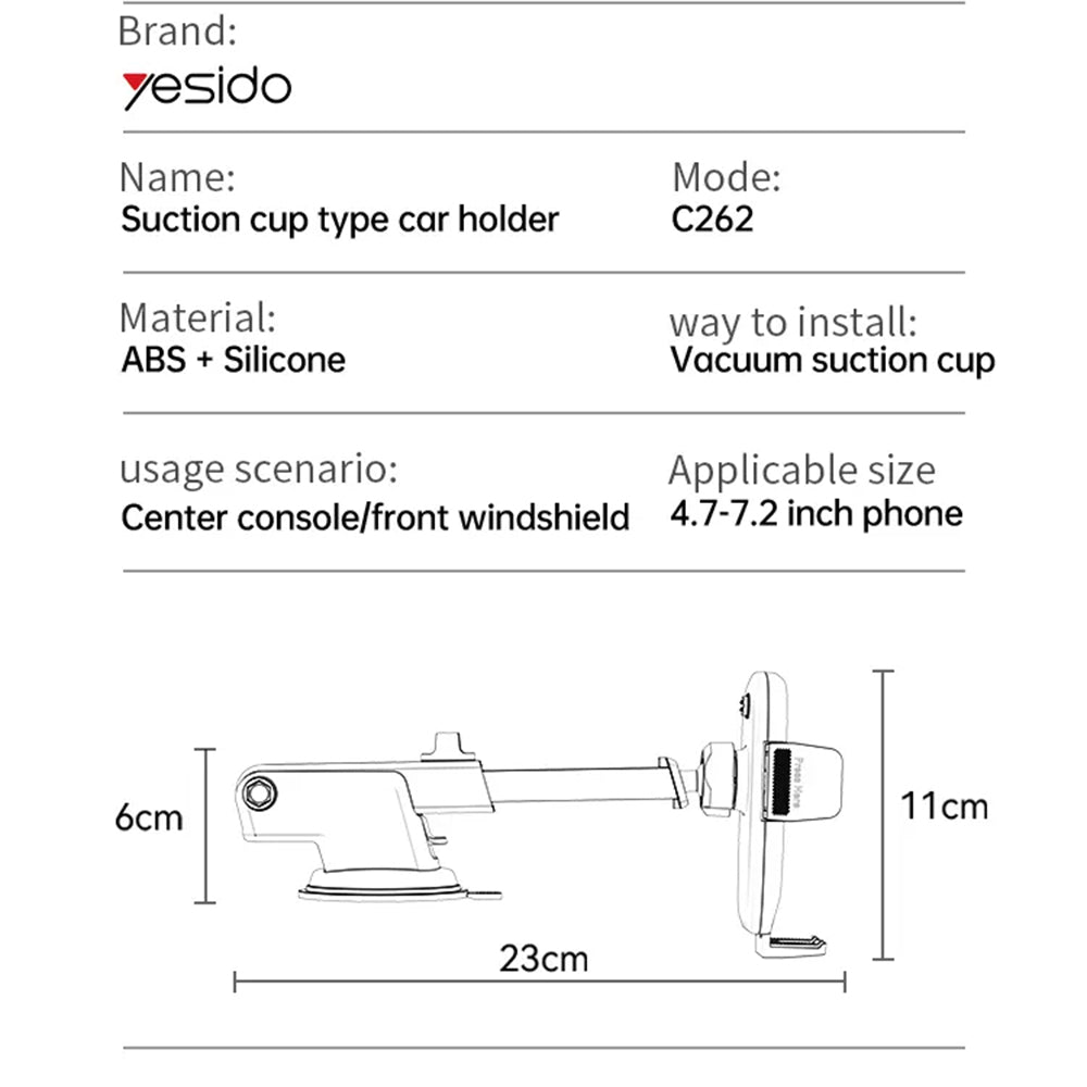 Autohouder Yesido C262, 4.7inch - 7.2inch, Zwart