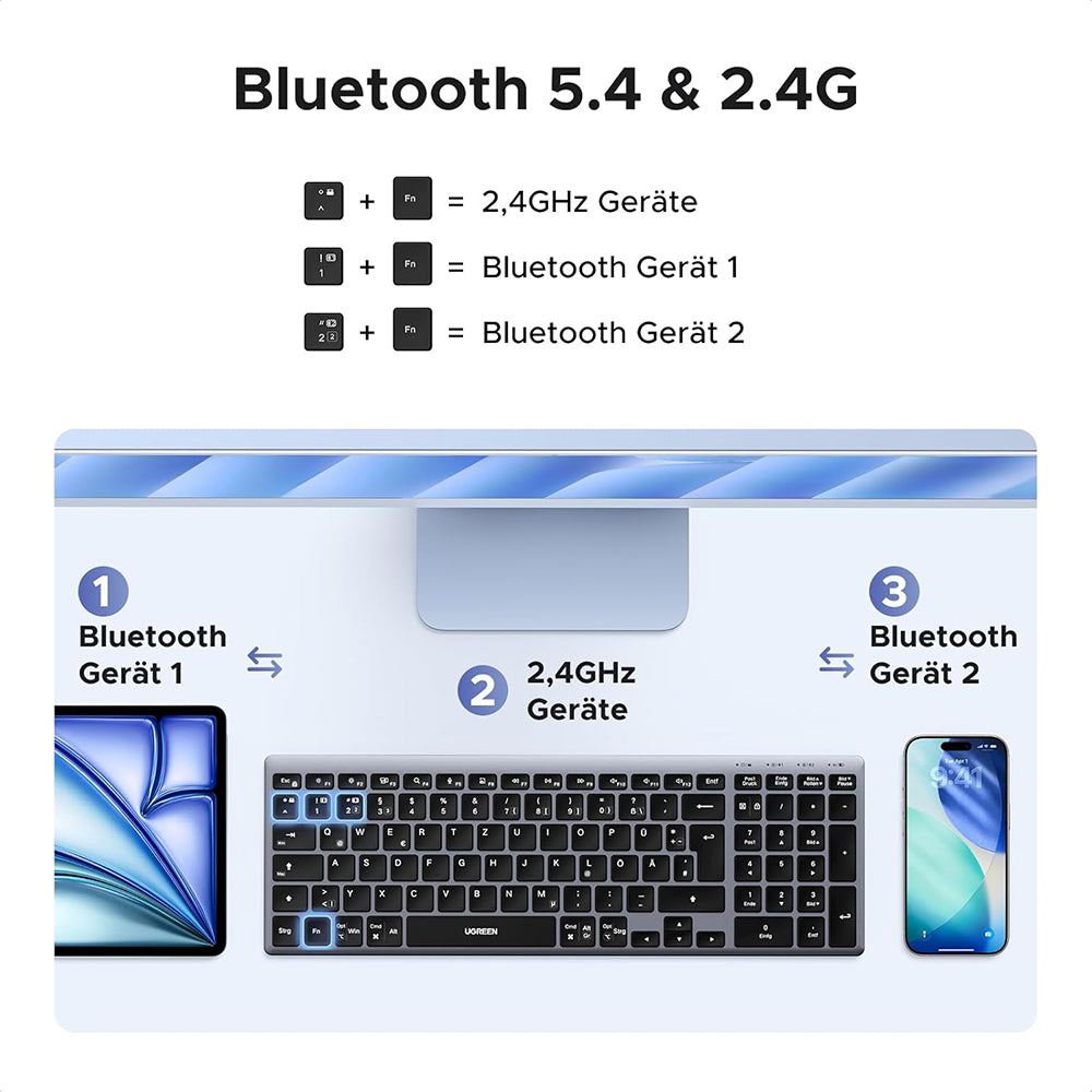 Draadloos Toetsenbord UGREEN K552 (75163), BT / Wi-Fi, Zwart