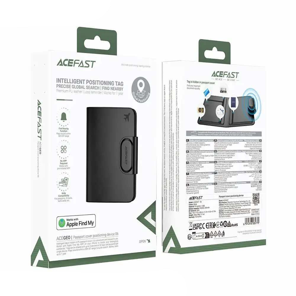 Acefast SmartTag Passport S6 voor iOS Series, Zwart