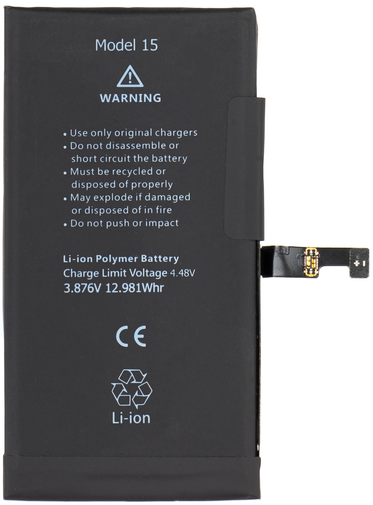 Apple iPhone 15 batterij, met Flex BMS-band integratie (geen solderen van contacten nodig)