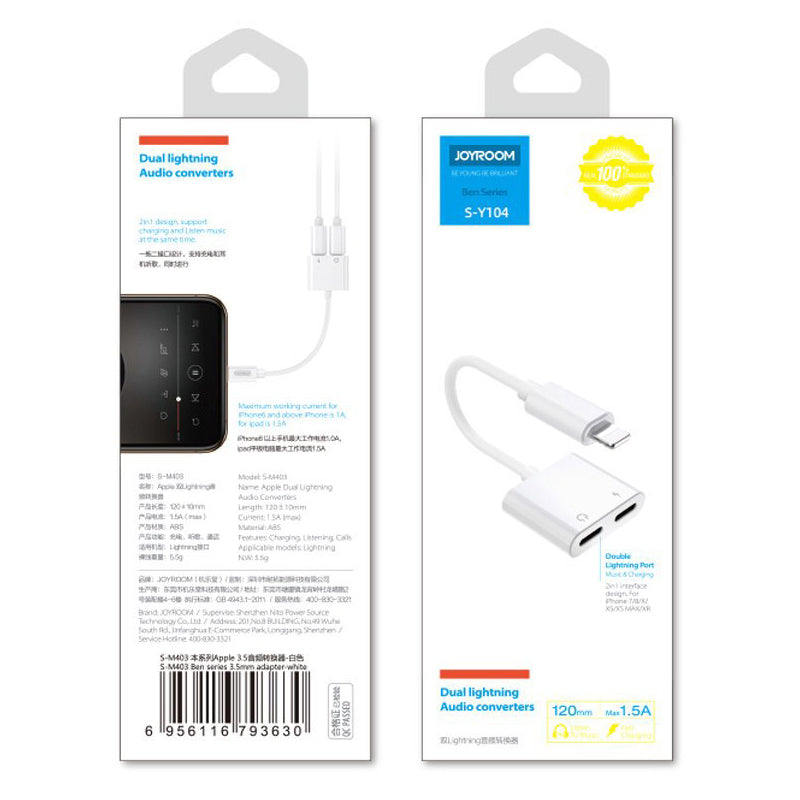Audio Adapter Lightning - 2 x Lightning Joyroom S-Y104, Wit
