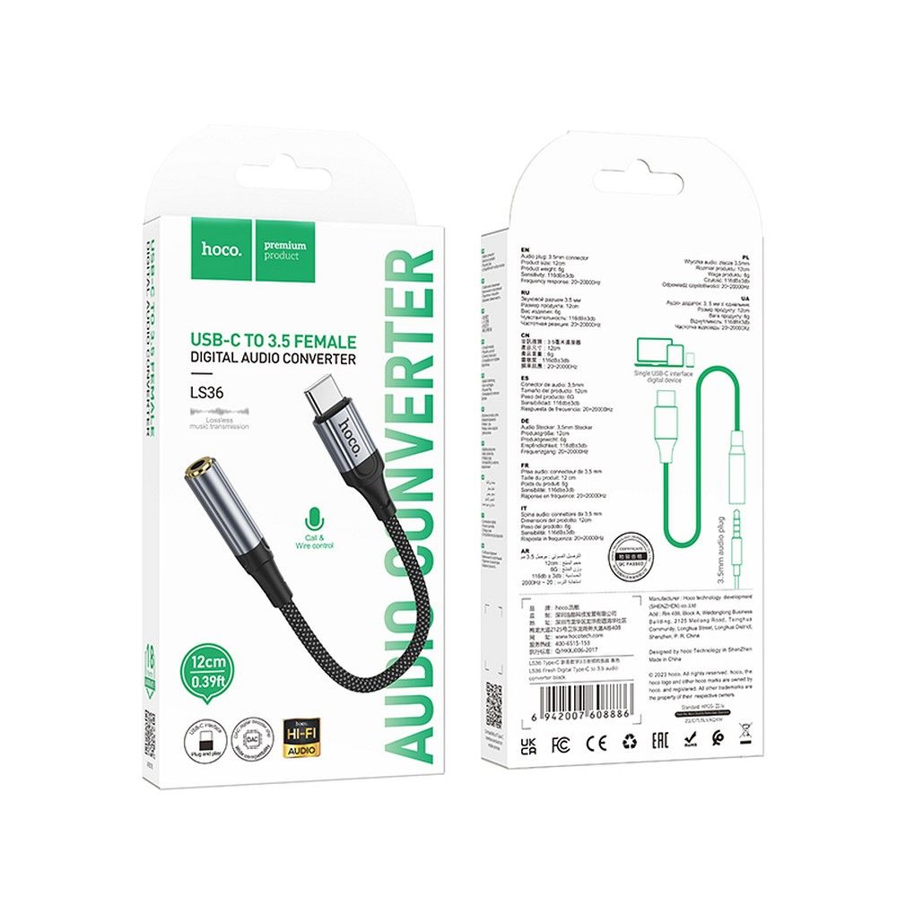Audio Adapter USB-C - 3.5mm HOCO LS36, Grijs
