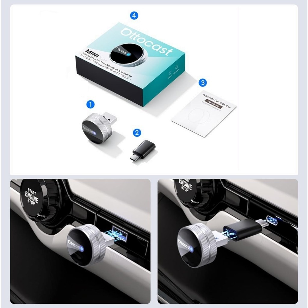 Draadloze Carplay / Android Auto Adapter Ottocast Mini Slim Tube voor Apple iPhone / Android Series CP88-T4