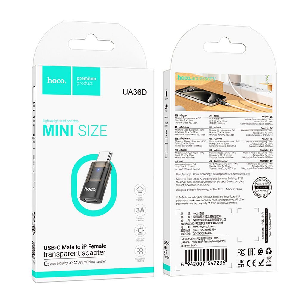 Adapter voor gegevens en opladen Lightning - USB-C HOCO UA36D, Zwart