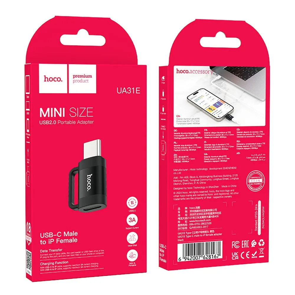 Data- en Oplaadadapter Lightning - USB-C HOCO UA31E, Zwart