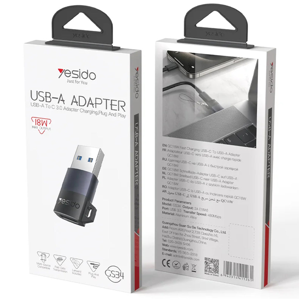 USB-C - USB-A Yesido GS34 Data- en Oplaadadapter, Gri