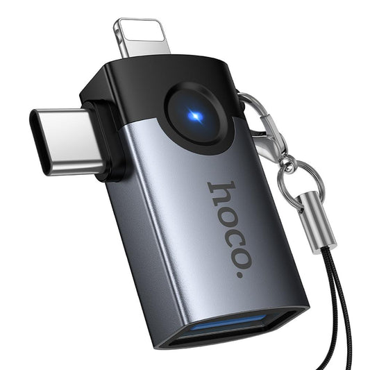 OTG-adapter Lightning / USB-C - USB-A HOCO UA46D, Grijs