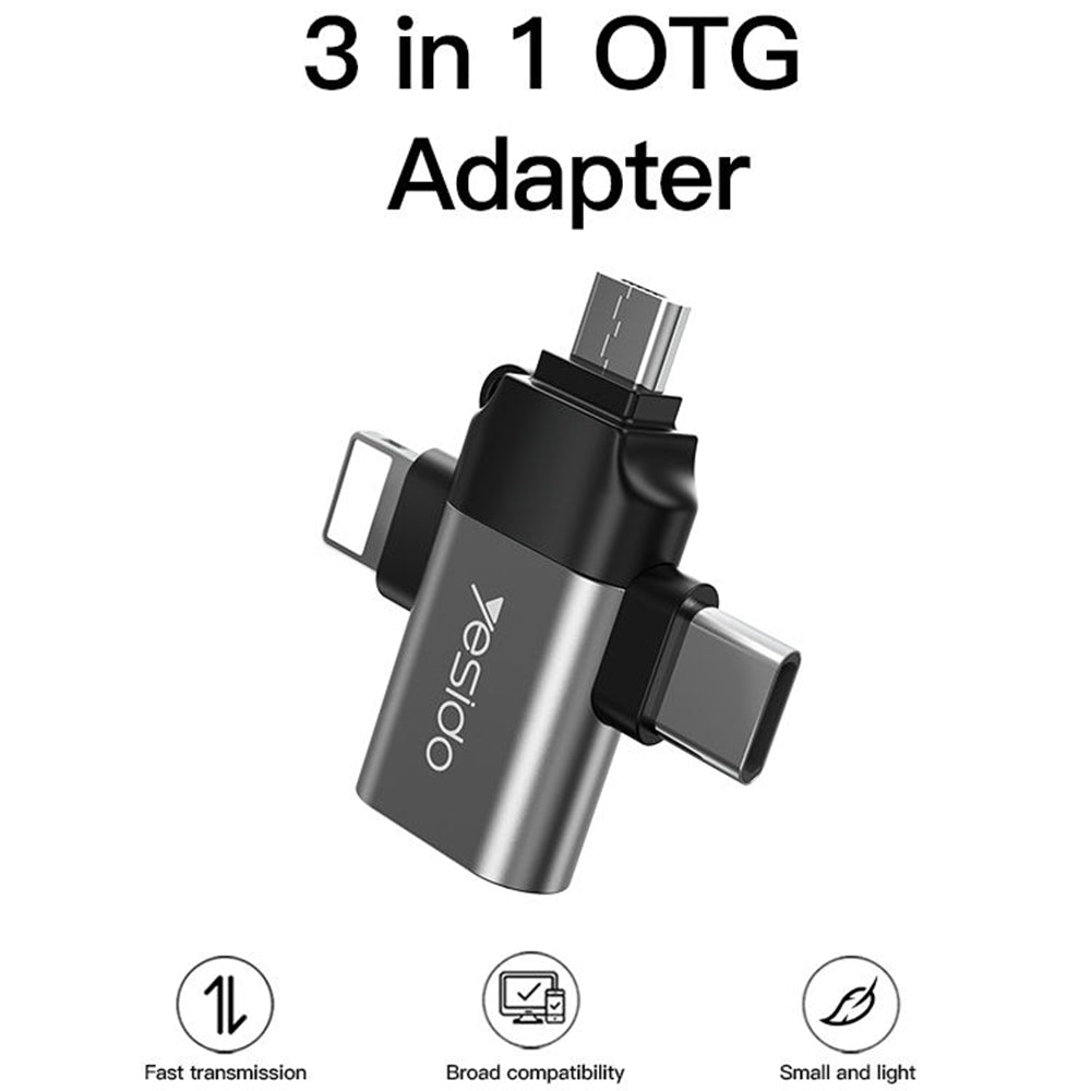 OTG-adapter Lightning / microUSB / USB-C - USB-A Yesido GS15, Zwart