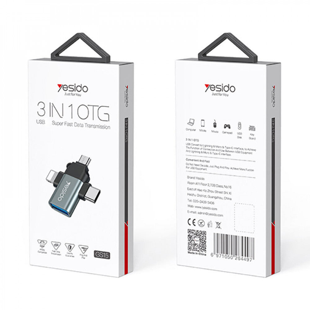 OTG-adapter Lightning / microUSB / USB-C - USB-A Yesido GS15, Zwart