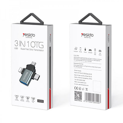 OTG-adapter Lightning / microUSB / USB-C - USB-A Yesido GS15, Zwart