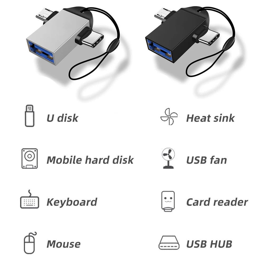 OTG-adapter microUSB / USB-C - USB-A Techsuit A15 AluCoreX, Zwart
