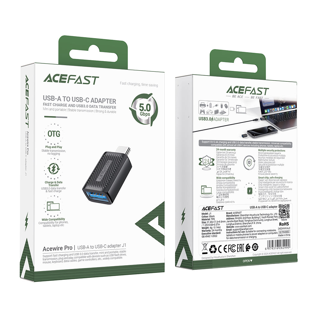 OTG Adapter USB-C - USB-A Acefast J1, Zwart