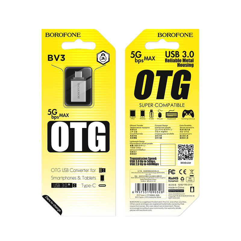 OTG USB-A - USB-C adapter Borofone BV3, Zilver
