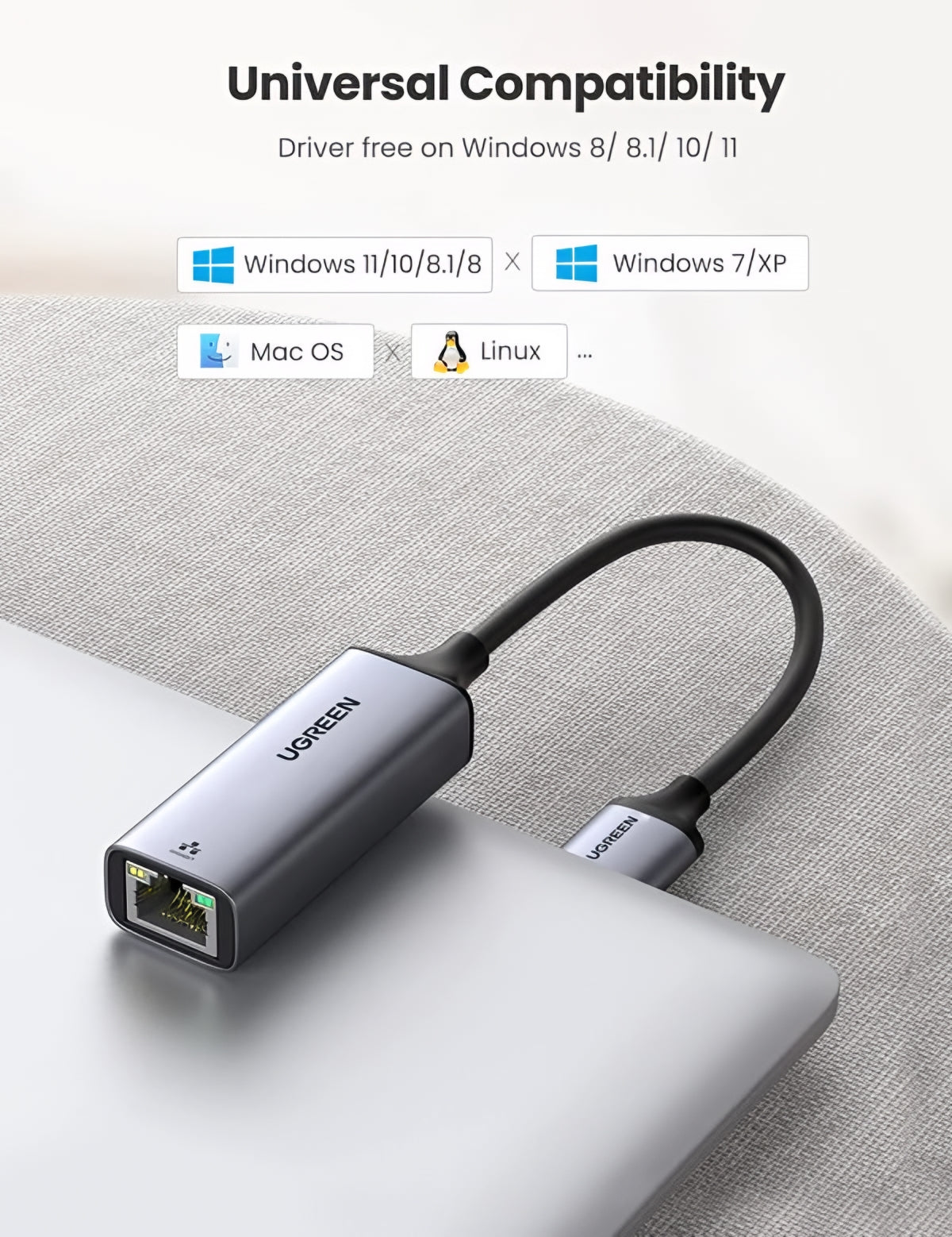 UGREEN CM209 Netwerkkaart, RJ45, USB, Gri