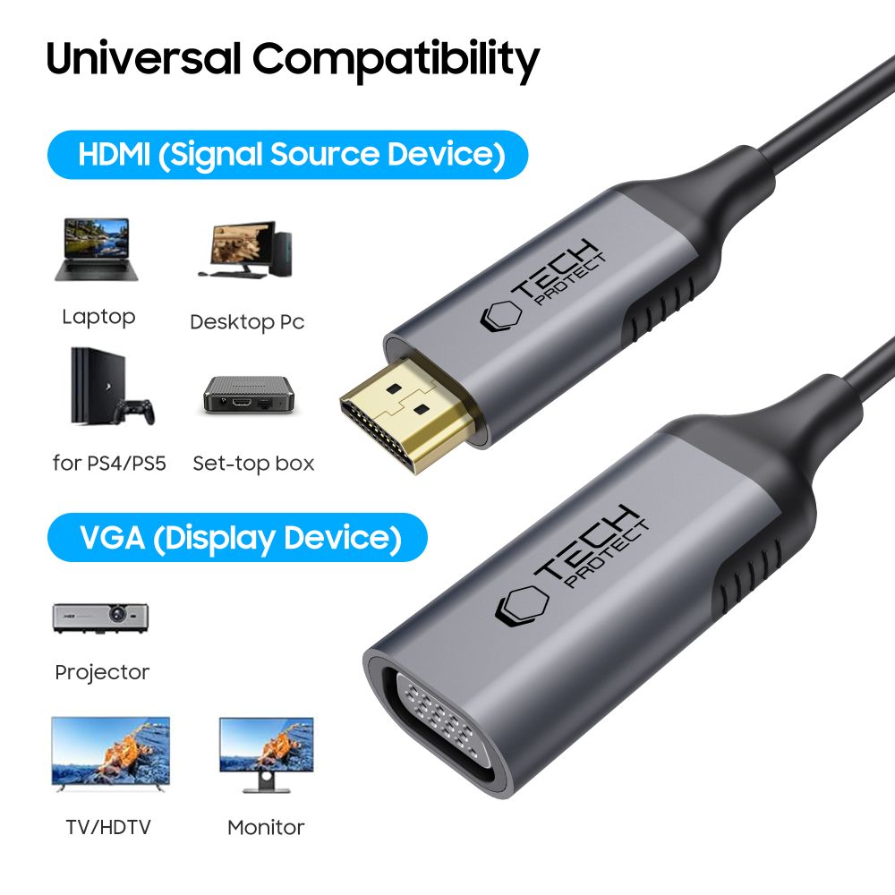 Video Adapter Tech-Protect Ultraboost, VGA - HDMI, 1080P, Zwart